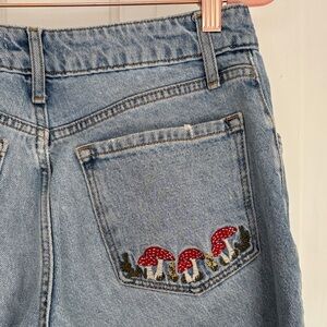 Embroidered Blue Jeans with Mushroom Design